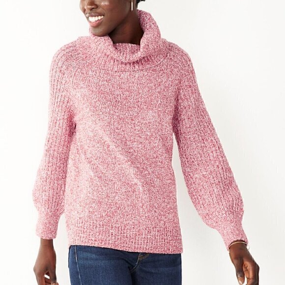 NINE WEST Cowlneck Sweater Mauve Pink White Marled Heather Cowl Neck Puff Sleeve - Picture 1 of 13
